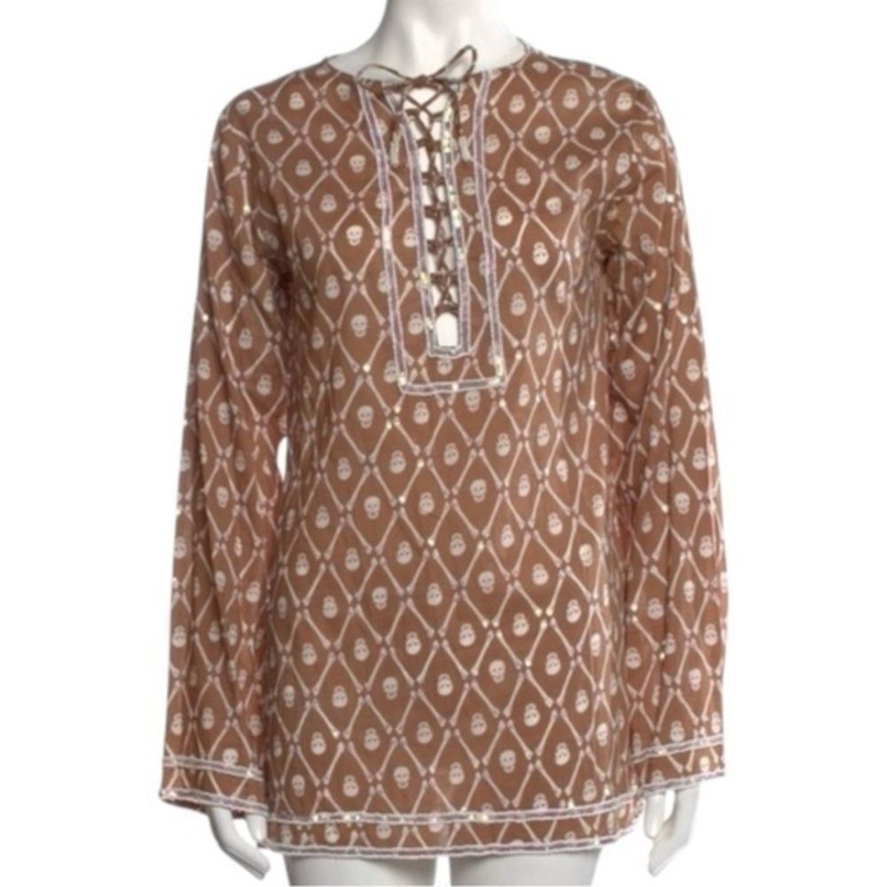 Letarte Swim Women’s Size M L Tan White Skull Print Iridescent Sequin Cover Up